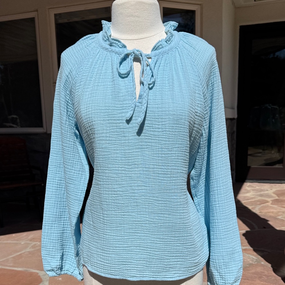 J Crew Sky Blue Tie-Neck Ruffle Long Sleeve 100% Cotton Top
